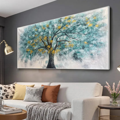 GOLDEN AUTUMN: Panoramic Tree Painting, Textured Wall Art, Blue, Gold, Living Room, Bedroom, Office | gold frame stretched on neutral wall