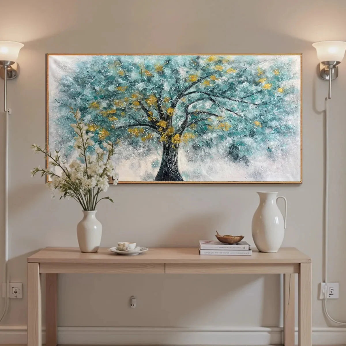 GOLDEN AUTUMN: Panoramic Tree Painting, Textured Wall Art, Blue, Gold, Living Room, Bedroom, Office | rolled canvas, ready for custom framing