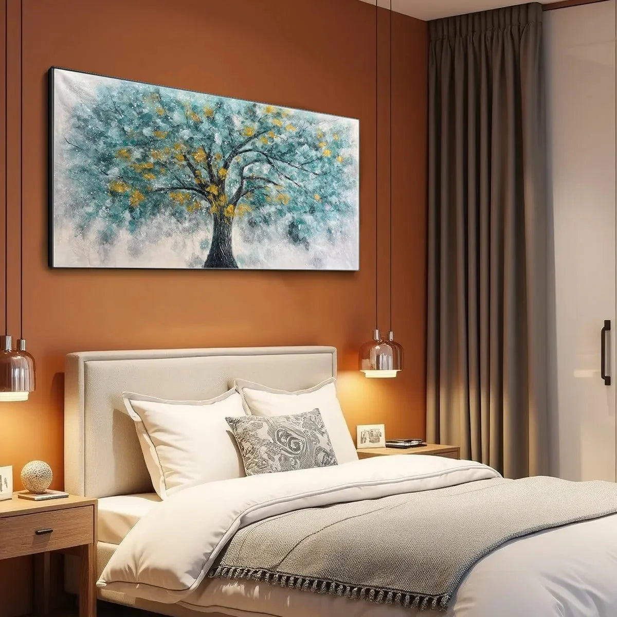 GOLDEN AUTUMN: Panoramic Tree Painting, Textured Wall Art, Blue, Gold, Living Room, Bedroom, Office | Landscape mood, soft natural light studio shot