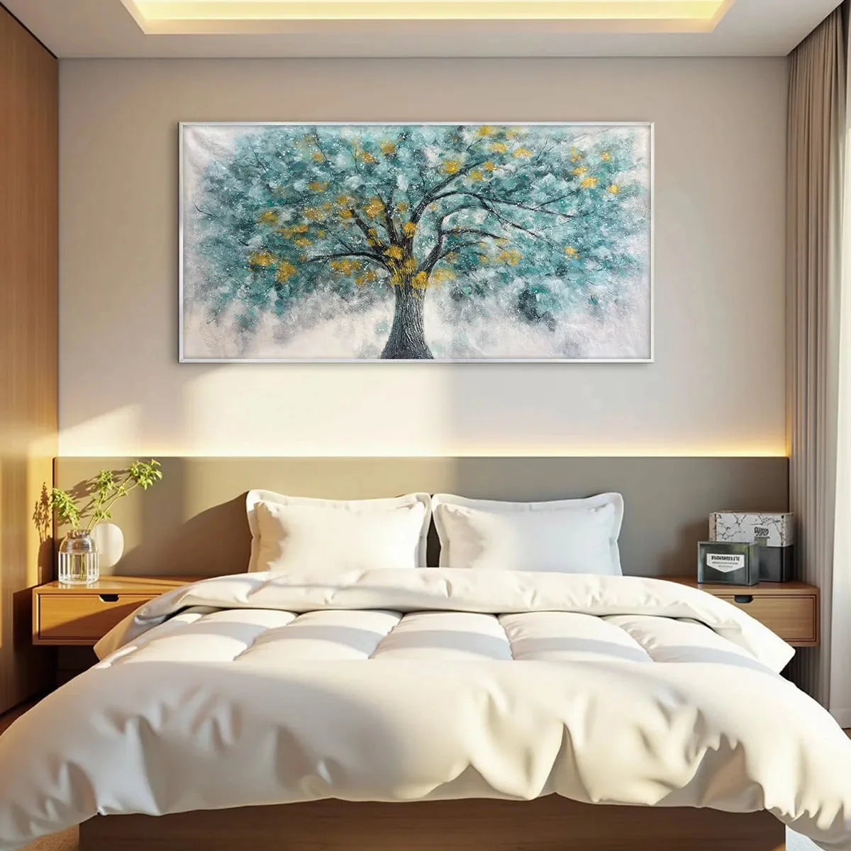 GOLDEN AUTUMN: Panoramic Tree Painting, Textured Wall Art, Blue, Gold, Living Room, Bedroom, Office | yellow palette, original oil on stretched canvas art