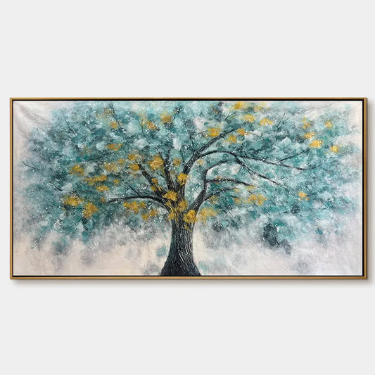 GOLDEN AUTUMN: Panoramic Tree Painting, Textured Wall Art, Blue, Gold, Living Room, Bedroom, Office | hanging in living room, Landscape wall art