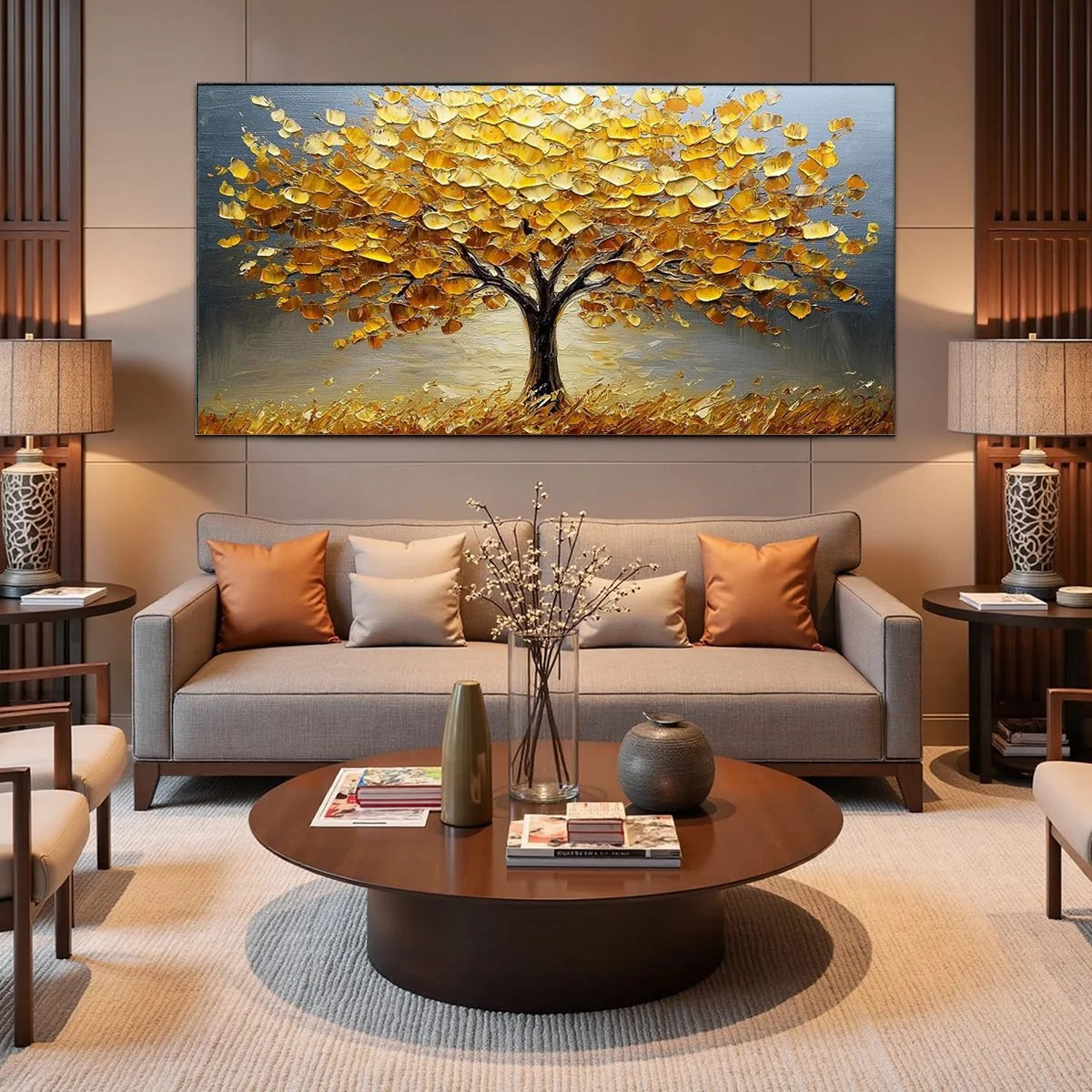 GOLDEN AUTUMN: Textured Impasto Tree Landscape Oil Painting | gold frame stretched on neutral wall