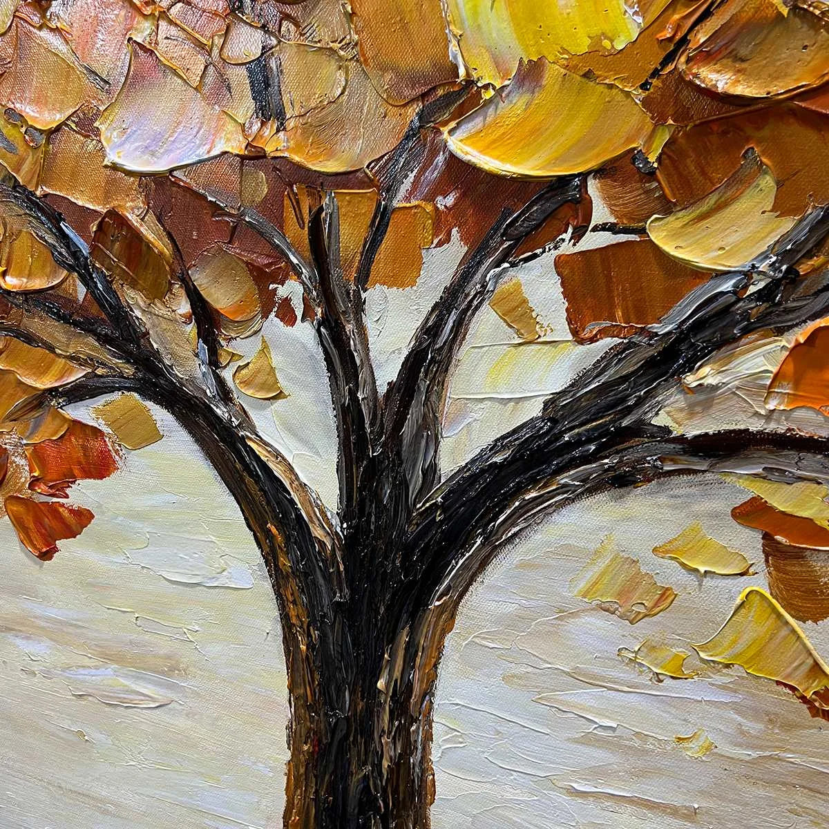 GOLDEN AUTUMN: Textured Impasto Tree Landscape Oil Painting | black frame version on white wall