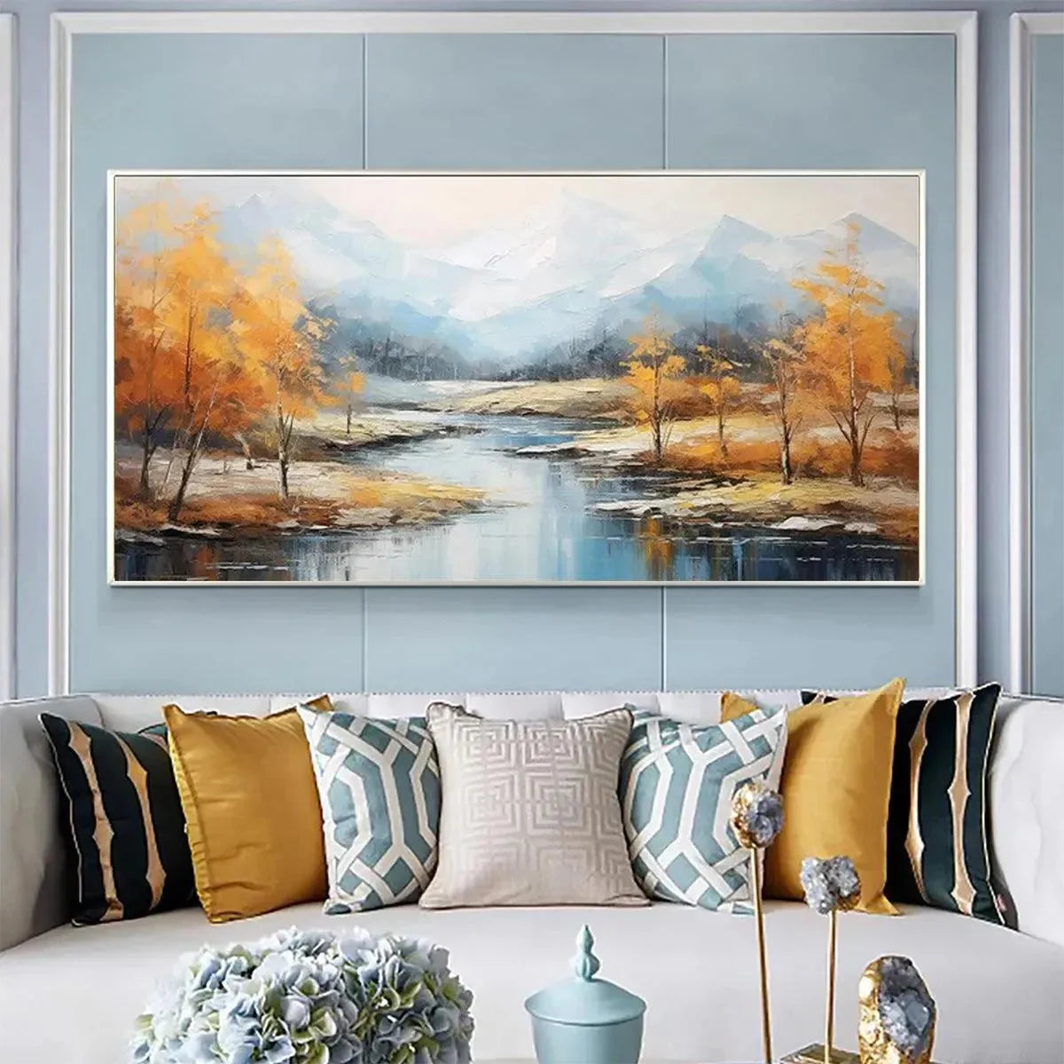 GOLDEN AUTUMN VALLEY: Traditional Landscape Painting in Yellow and Blue | Landscape closeup, raised brushwork detail