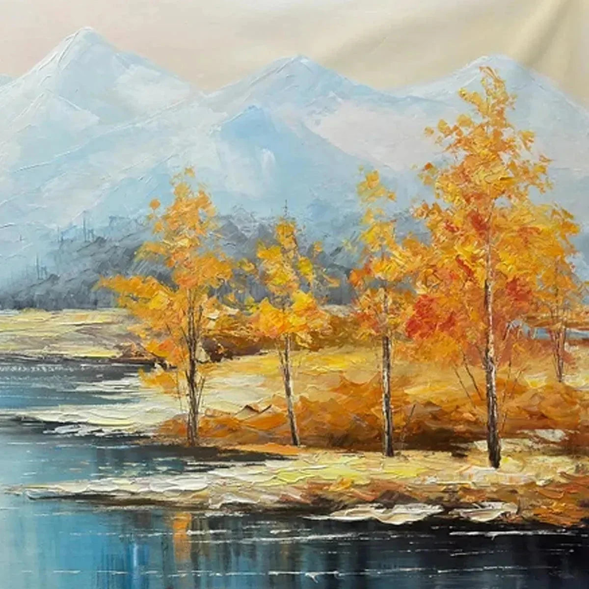 GOLDEN AUTUMN VALLEY: Traditional Landscape Painting in Yellow and Blue | rectangular format, hand-painted canvas edge