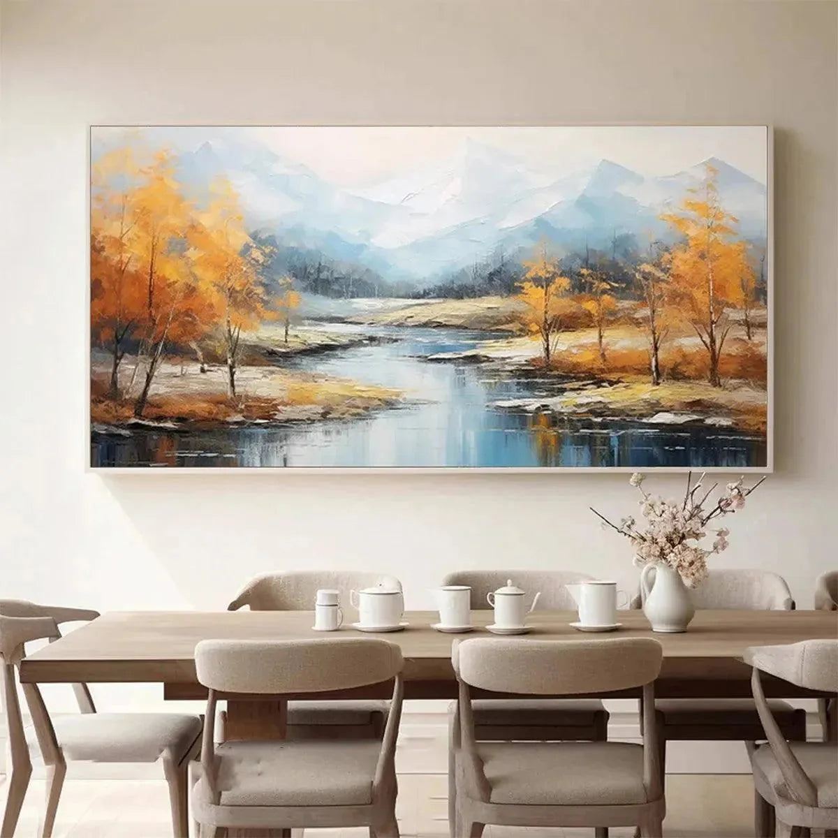 GOLDEN AUTUMN VALLEY: Traditional Landscape Painting in Yellow and Blue | gold frame stretched on neutral wall