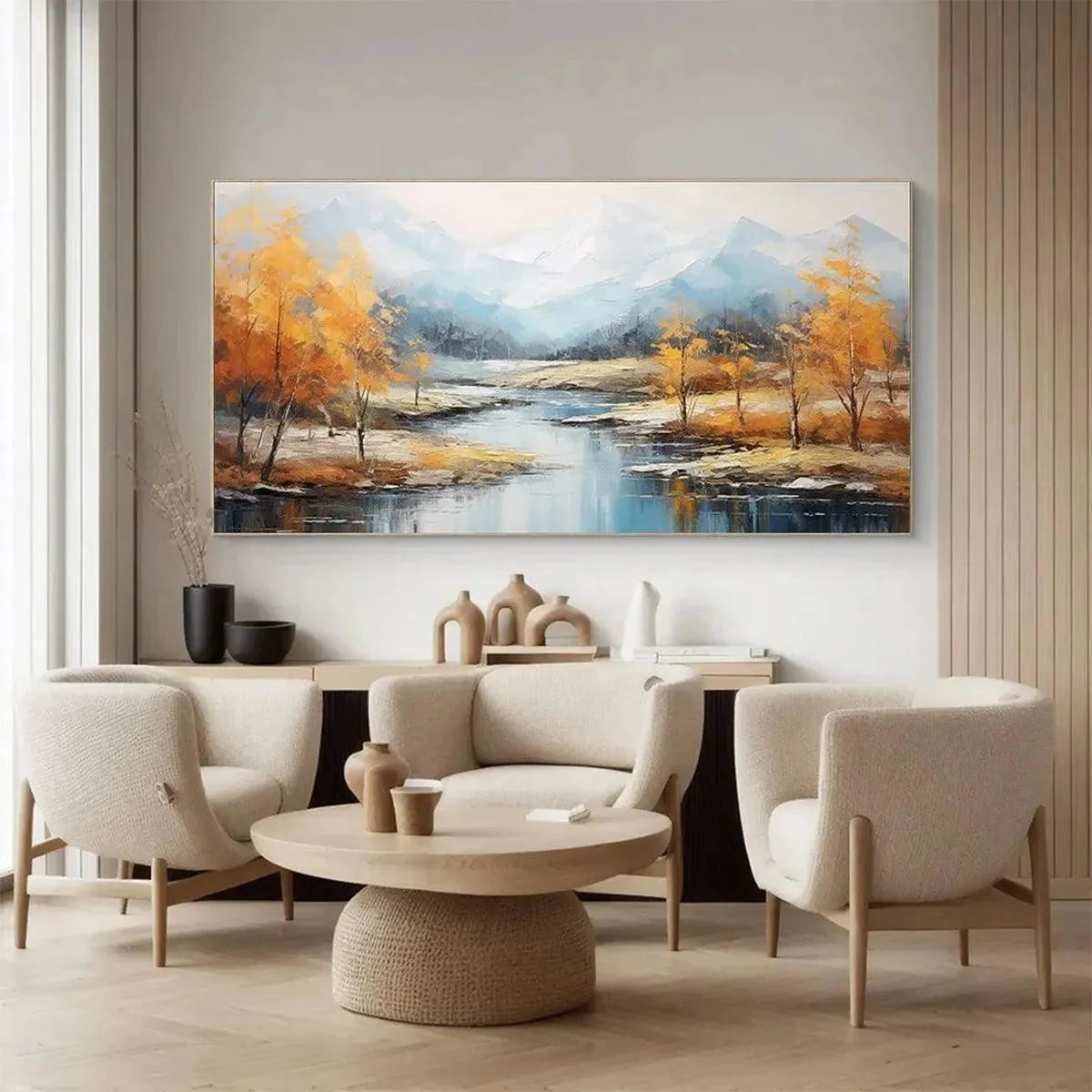 GOLDEN AUTUMN VALLEY: Traditional Landscape Painting in Yellow and Blue | rolled canvas, ready for custom framing