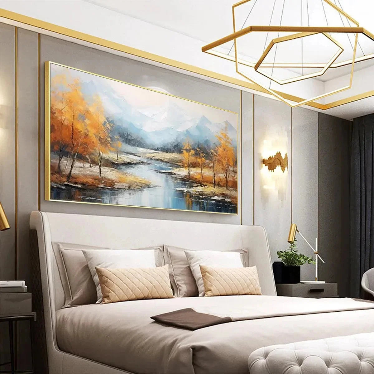 GOLDEN AUTUMN VALLEY: Traditional Landscape Painting in Yellow and Blue | black frame version on white wall