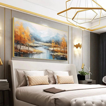 GOLDEN AUTUMN VALLEY: Traditional Landscape Painting in Yellow and Blue | black frame version on white wall