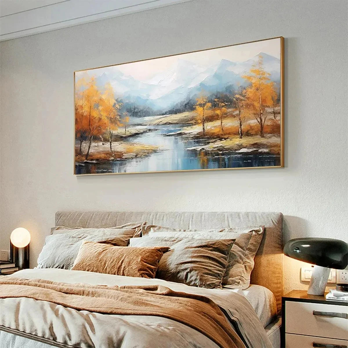 GOLDEN AUTUMN VALLEY: Traditional Landscape Painting in Yellow and Blue | Landscape mood, soft natural light studio shot