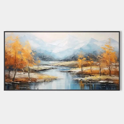 GOLDEN AUTUMN VALLEY: Traditional Landscape Painting in Yellow and Blue | hanging in living room, Landscape wall art