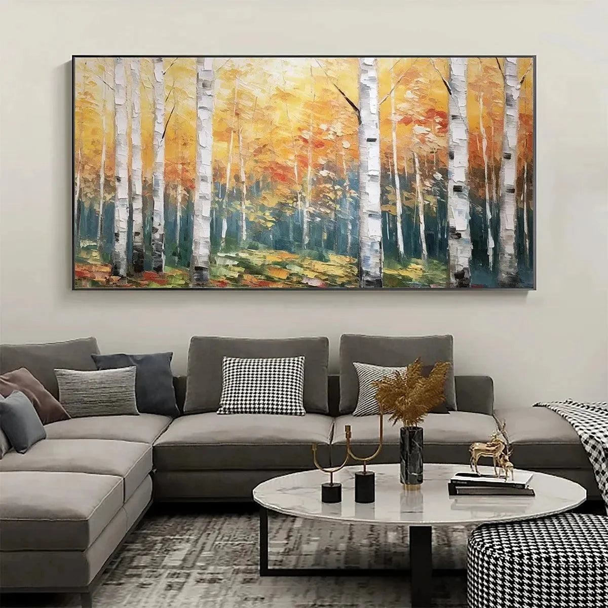 GOLDEN BIRCH GROVE: Forest Painting in Yellow and White | Landscape closeup, raised brushwork detail