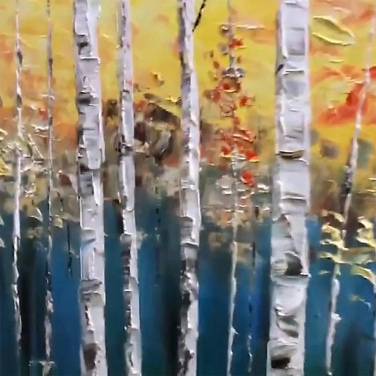 GOLDEN BIRCH GROVE: Forest Painting in Yellow and White | rectangular format, hand-painted canvas edge