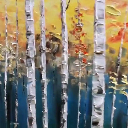 GOLDEN BIRCH GROVE: Forest Painting in Yellow and White | rectangular format, hand-painted canvas edge