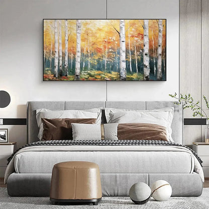 GOLDEN BIRCH GROVE: Forest Painting in Yellow and White | gold frame stretched on neutral wall