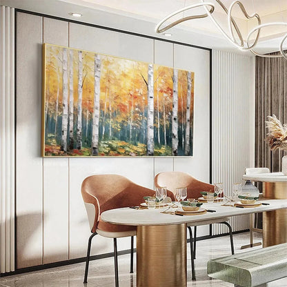 GOLDEN BIRCH GROVE: Forest Painting in Yellow and White | Landscape mood, soft natural light studio shot