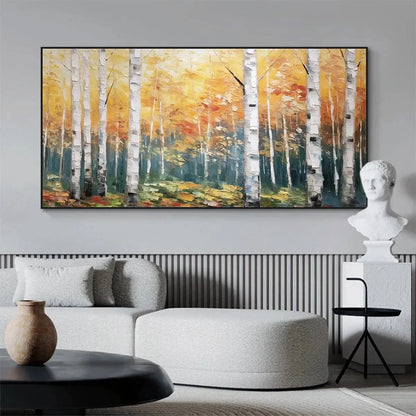 GOLDEN BIRCH GROVE: Forest Painting in Yellow and White | yellow palette, original oil on stretched canvas art