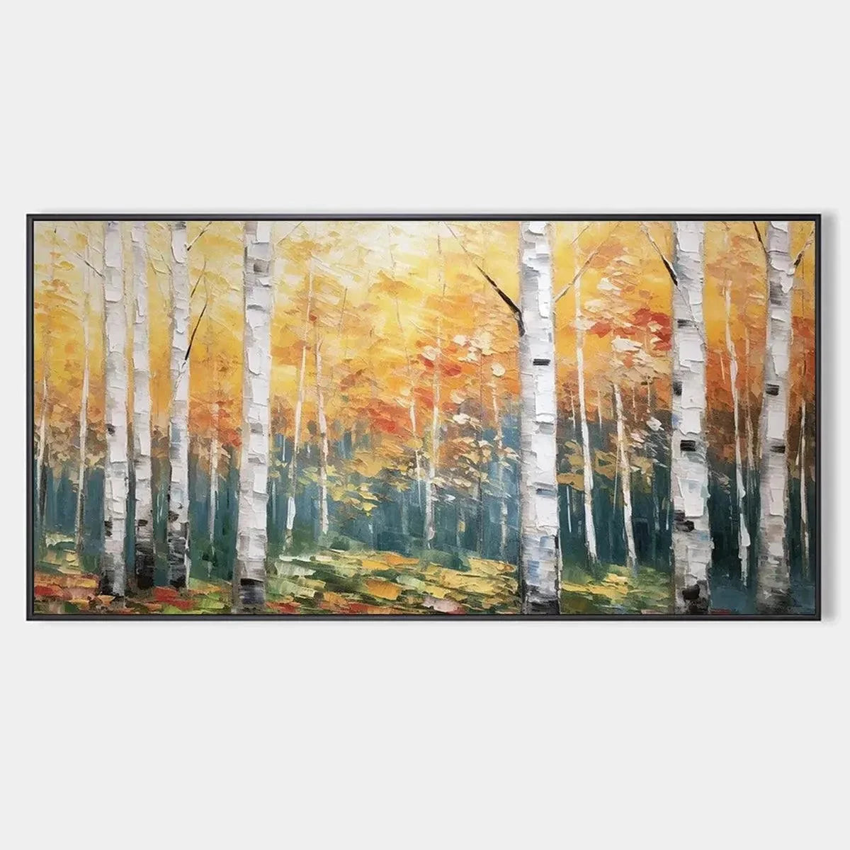 GOLDEN BIRCH GROVE: Forest Painting in Yellow and White | hanging in living room, Landscape wall art