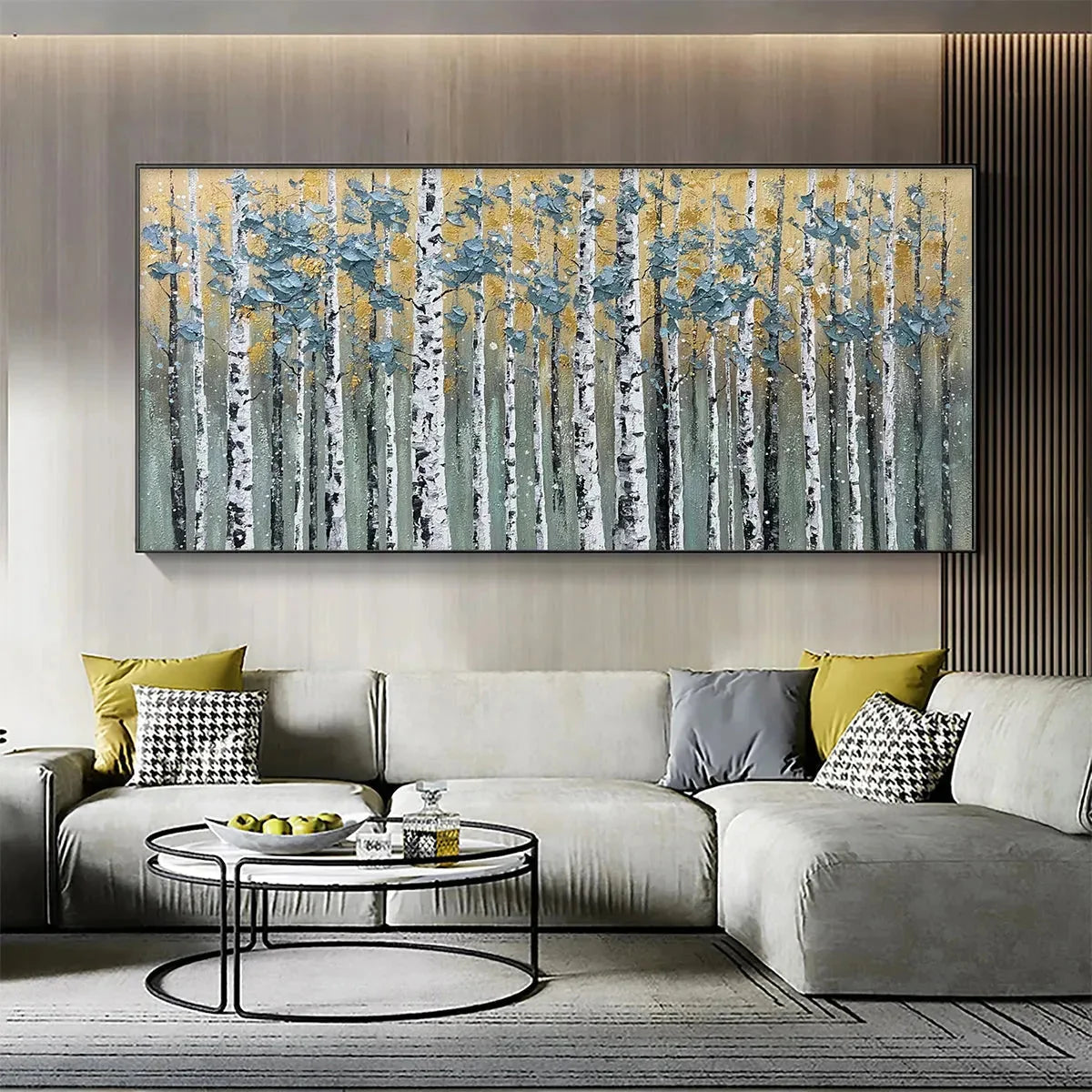 GOLDEN BIRCH GROVE: Textured Birch Tree Painting, Gold and Green Wall Art, Horizontal Canvas, Forest Decor | Figurative closeup, raised brushwork detail
