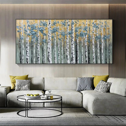 GOLDEN BIRCH GROVE: Textured Birch Tree Painting, Gold and Green Wall Art, Horizontal Canvas, Forest Decor | Figurative closeup, raised brushwork detail