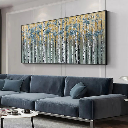 GOLDEN BIRCH GROVE: Textured Birch Tree Painting, Gold and Green Wall Art, Horizontal Canvas, Forest Decor | gold frame stretched on neutral wall