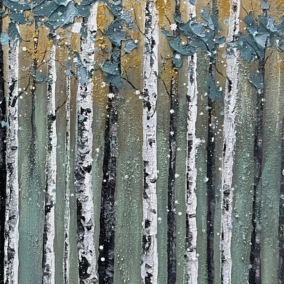 GOLDEN BIRCH GROVE: Textured Birch Tree Painting, Gold and Green Wall Art, Horizontal Canvas, Forest Decor | rolled canvas, ready for custom framing