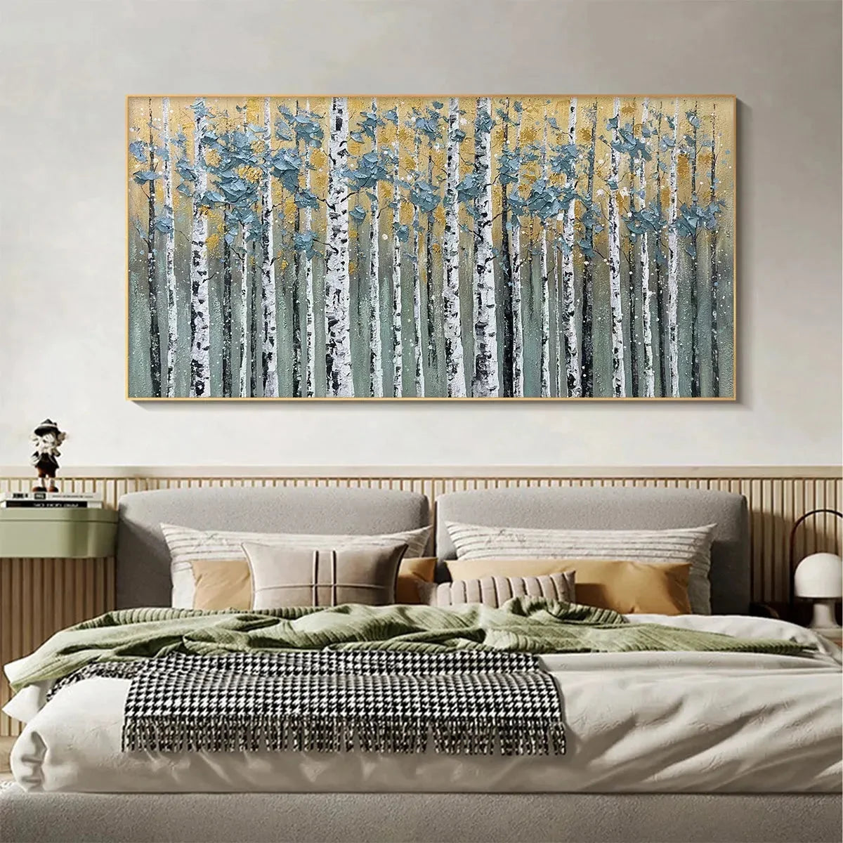 GOLDEN BIRCH GROVE: Textured Birch Tree Painting, Gold and Green Wall Art, Horizontal Canvas, Forest Decor | black frame version on white wall