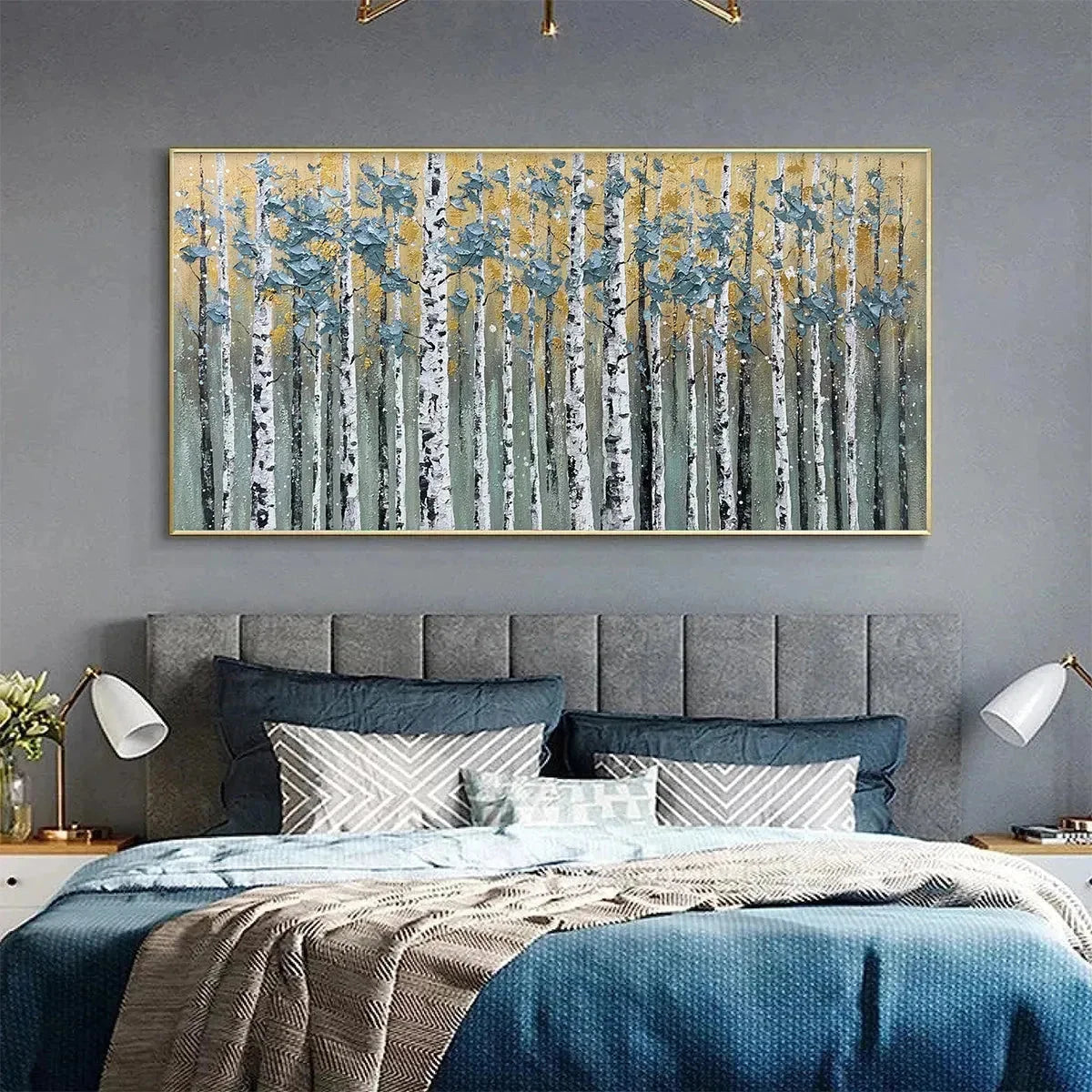 GOLDEN BIRCH GROVE: Textured Birch Tree Painting, Gold and Green Wall Art, Horizontal Canvas, Forest Decor | Figurative mood, soft natural light studio shot