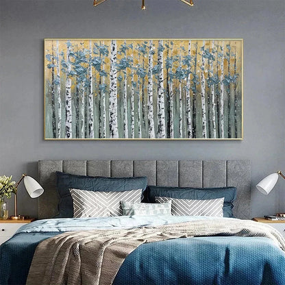 GOLDEN BIRCH GROVE: Textured Birch Tree Painting, Gold and Green Wall Art, Horizontal Canvas, Forest Decor | Figurative mood, soft natural light studio shot