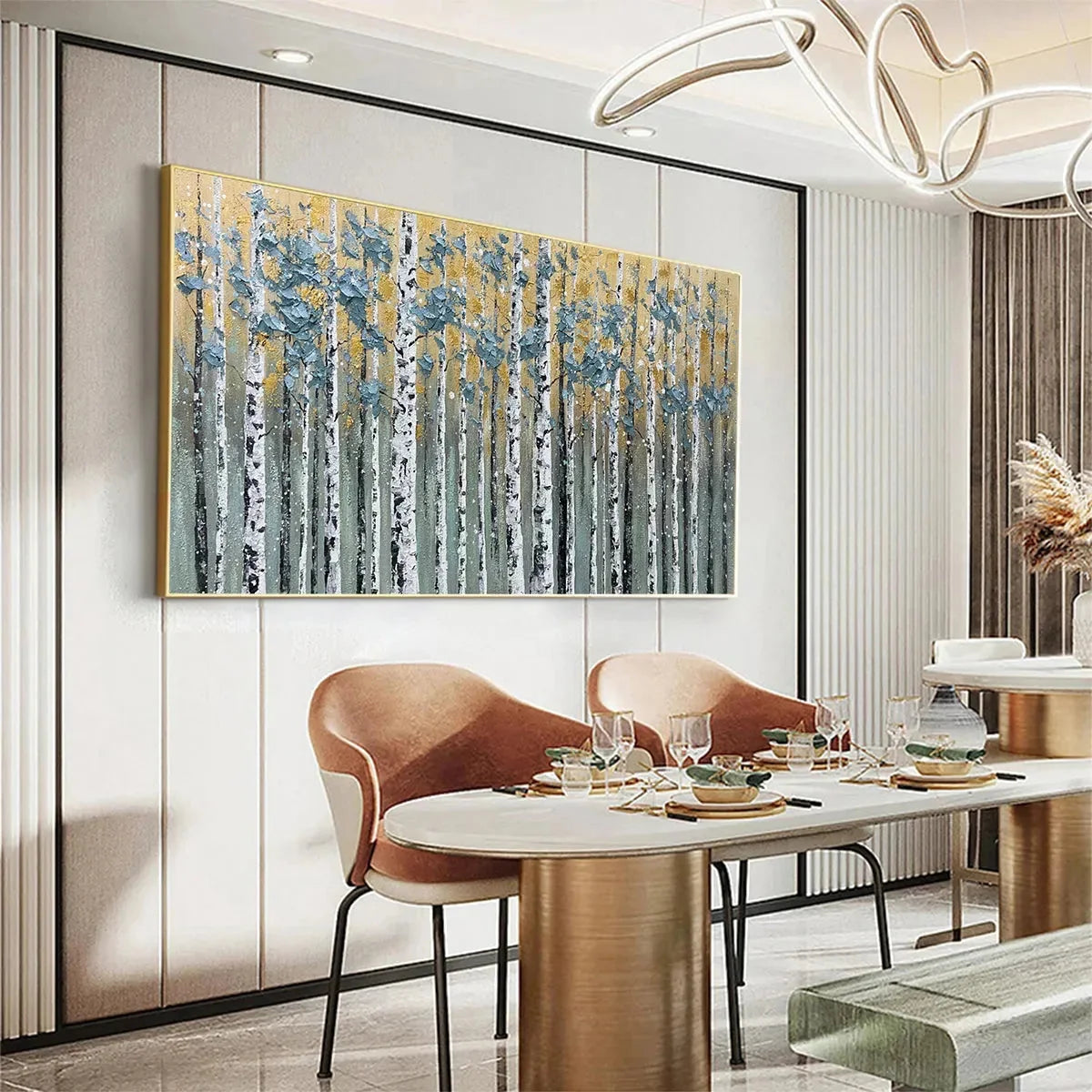 GOLDEN BIRCH GROVE: Textured Birch Tree Painting, Gold and Green Wall Art, Horizontal Canvas, Forest Decor | green palette, original oil on stretched canvas art