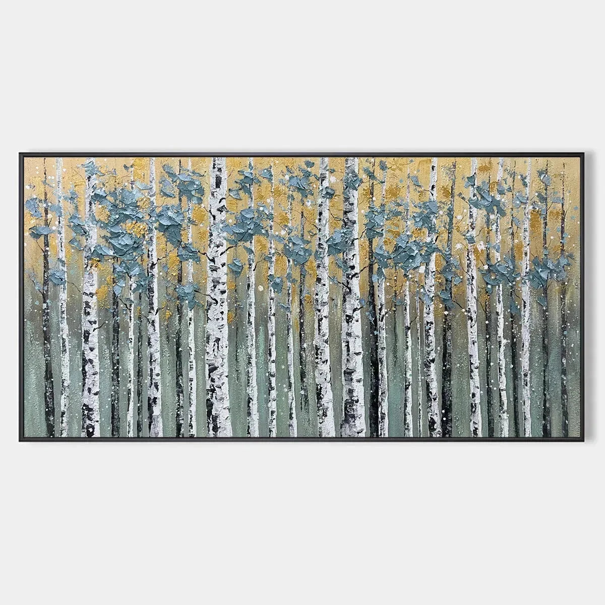 GOLDEN BIRCH GROVE: Textured Birch Tree Painting, Gold and Green Wall Art, Horizontal Canvas, Forest Decor | hanging in living room, Figurative wall art
