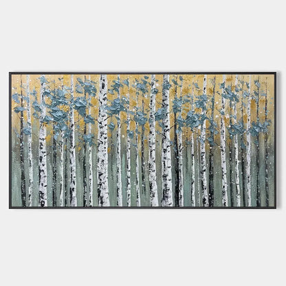 GOLDEN BIRCH GROVE: Textured Birch Tree Painting, Gold and Green Wall Art, Horizontal Canvas, Forest Decor | hanging in living room, Figurative wall art
