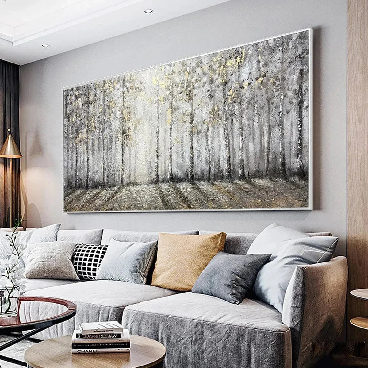 GOLDEN BIRCHWOOD: Panoramic Birch Forest Landscape Oil Painting with Gold Accents | Landscape closeup, raised brushwork detail