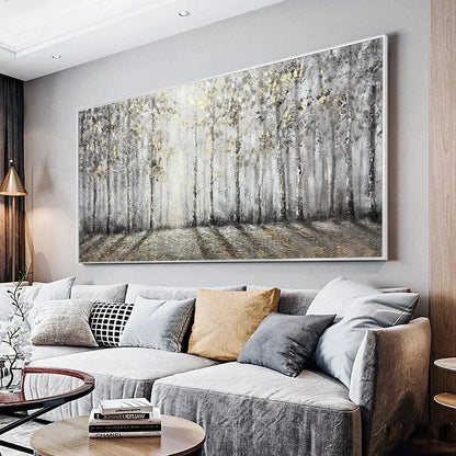 GOLDEN BIRCHWOOD: Panoramic Birch Forest Landscape Oil Painting with Gold Accents | Landscape closeup, raised brushwork detail