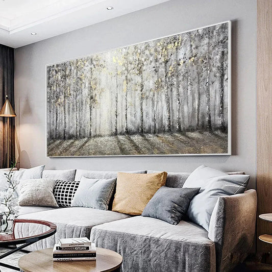 GOLDEN BIRCHWOOD: Panoramic Birch Forest Landscape Oil Painting with Gold Accents