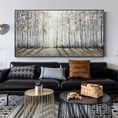 GOLDEN BIRCHWOOD: Panoramic Birch Forest Landscape Oil Painting with Gold Accents | gold frame stretched on neutral wall