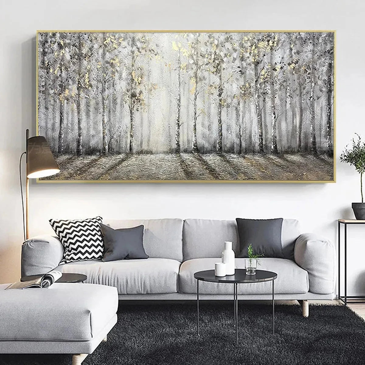 GOLDEN BIRCHWOOD: Panoramic Birch Forest Landscape Oil Painting with Gold Accents | rolled canvas, ready for custom framing