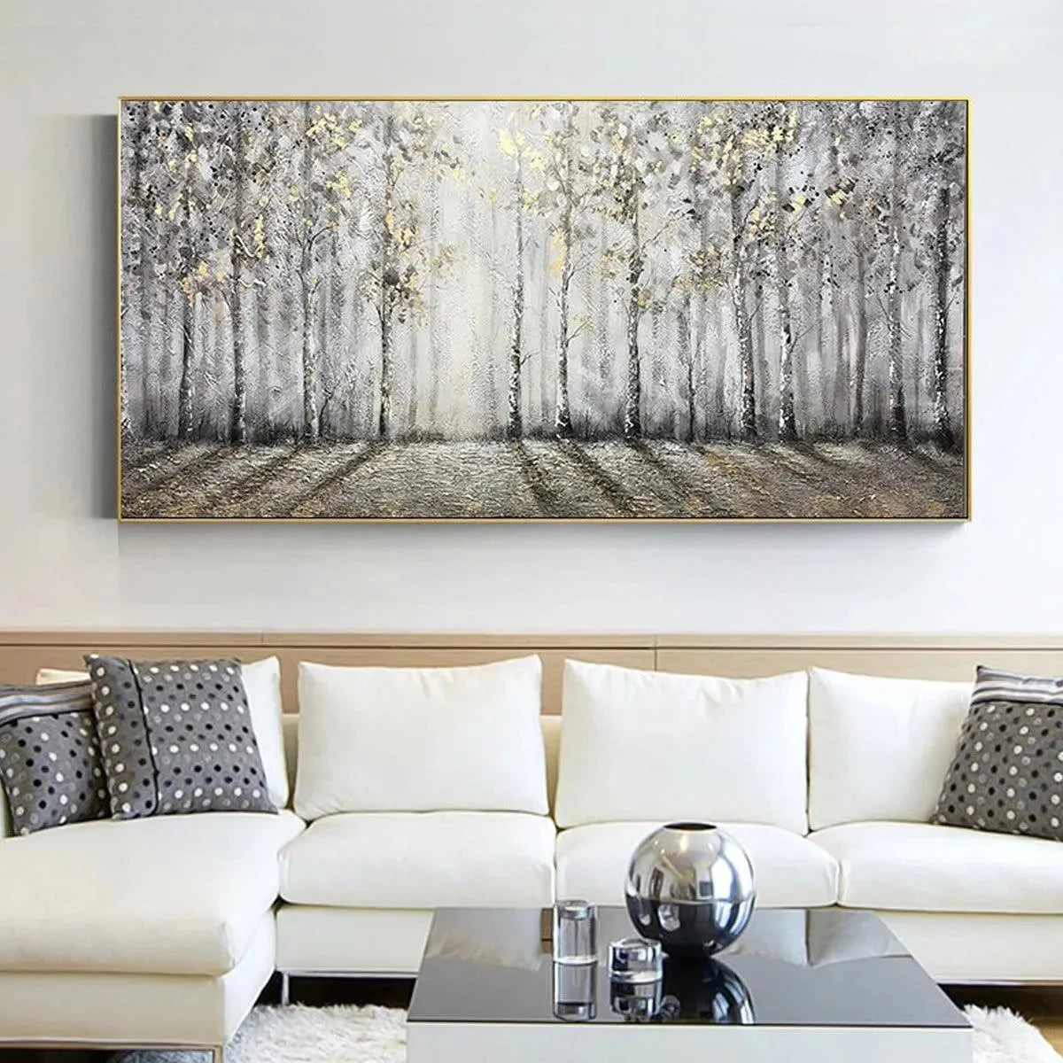 GOLDEN BIRCHWOOD: Panoramic Birch Forest Landscape Oil Painting with Gold Accents | black frame version on white wall
