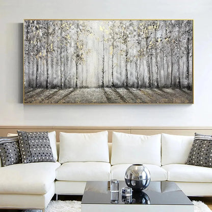 GOLDEN BIRCHWOOD: Panoramic Birch Forest Landscape Oil Painting with Gold Accents | black frame version on white wall