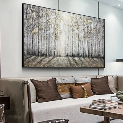 GOLDEN BIRCHWOOD: Panoramic Birch Forest Landscape Oil Painting with Gold Accents | Landscape mood, soft natural light studio shot