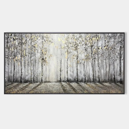 GOLDEN BIRCHWOOD: Panoramic Birch Forest Landscape Oil Painting with Gold Accents | hanging in living room, Landscape wall art