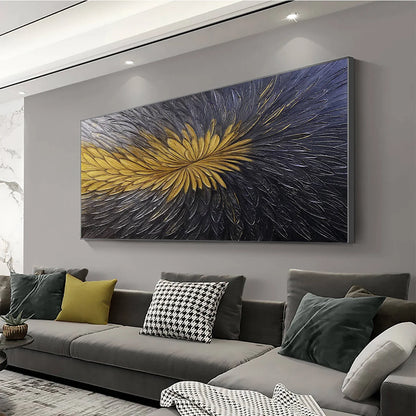 GOLDEN BLOOM: Textured Abstract Gold Black Oil Painting | gold frame stretched on neutral wall