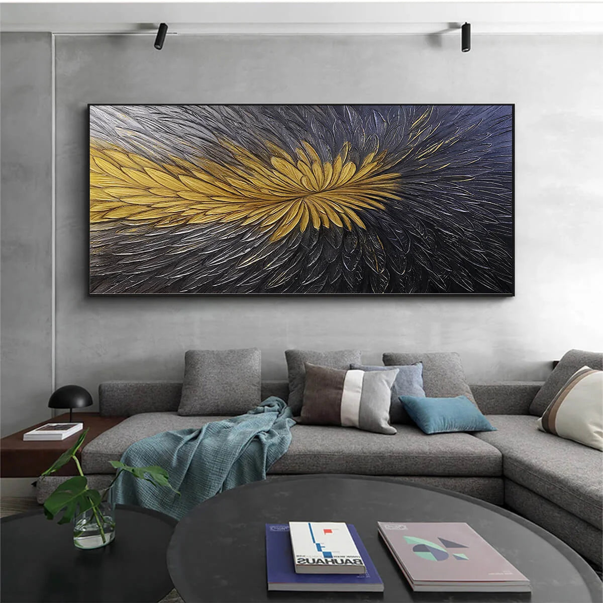 GOLDEN BLOOM: Textured Abstract Gold Black Oil Painting | black frame version on white wall