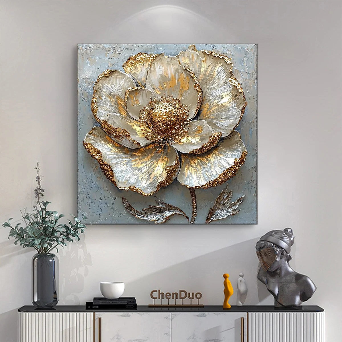 GOLDEN BLOOM: Textured Impasto Floral Oil Painting with Gold Accents | Abstract closeup, raised brushwork detail