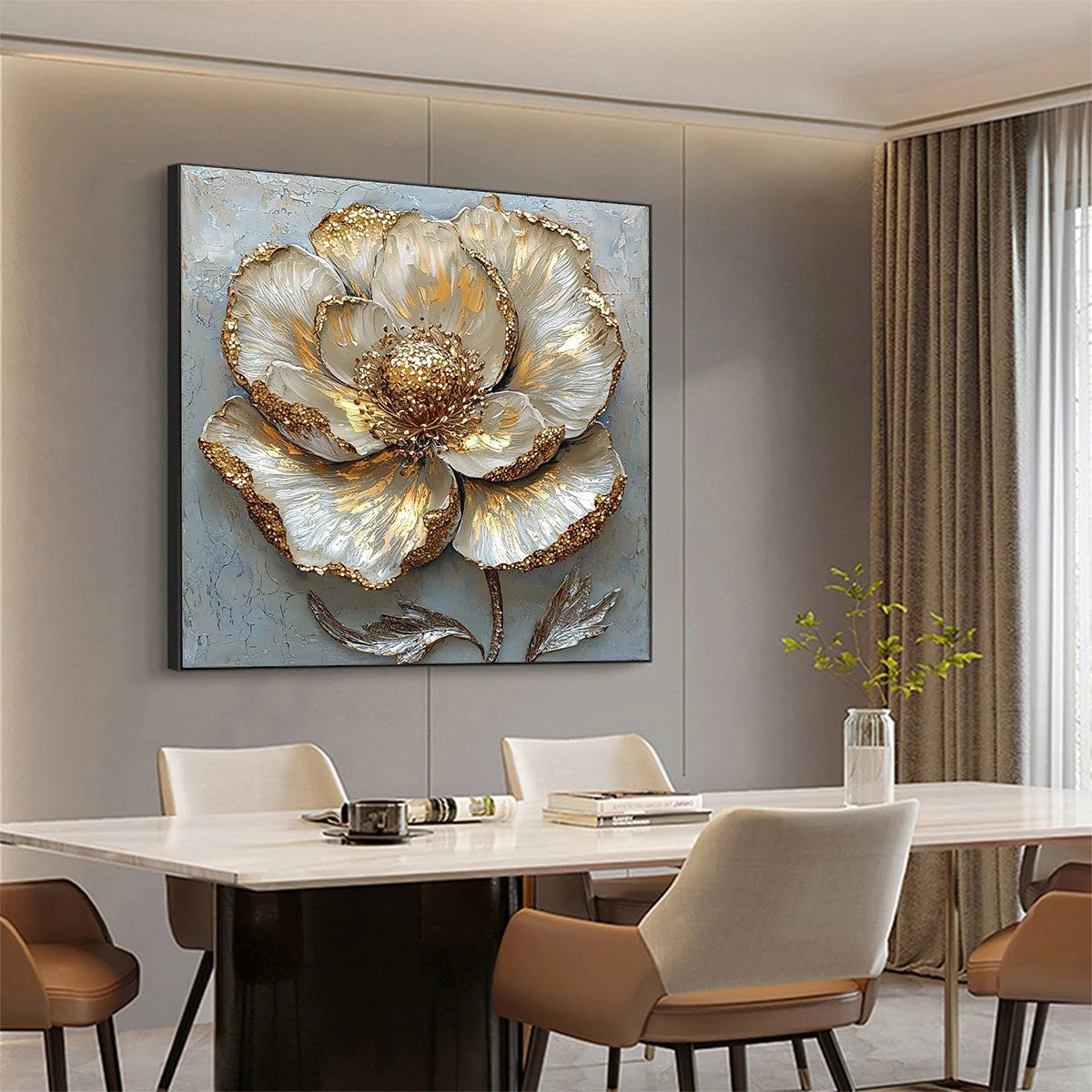 GOLDEN BLOOM: Textured Impasto Floral Oil Painting with Gold Accents | gold frame stretched on neutral wall