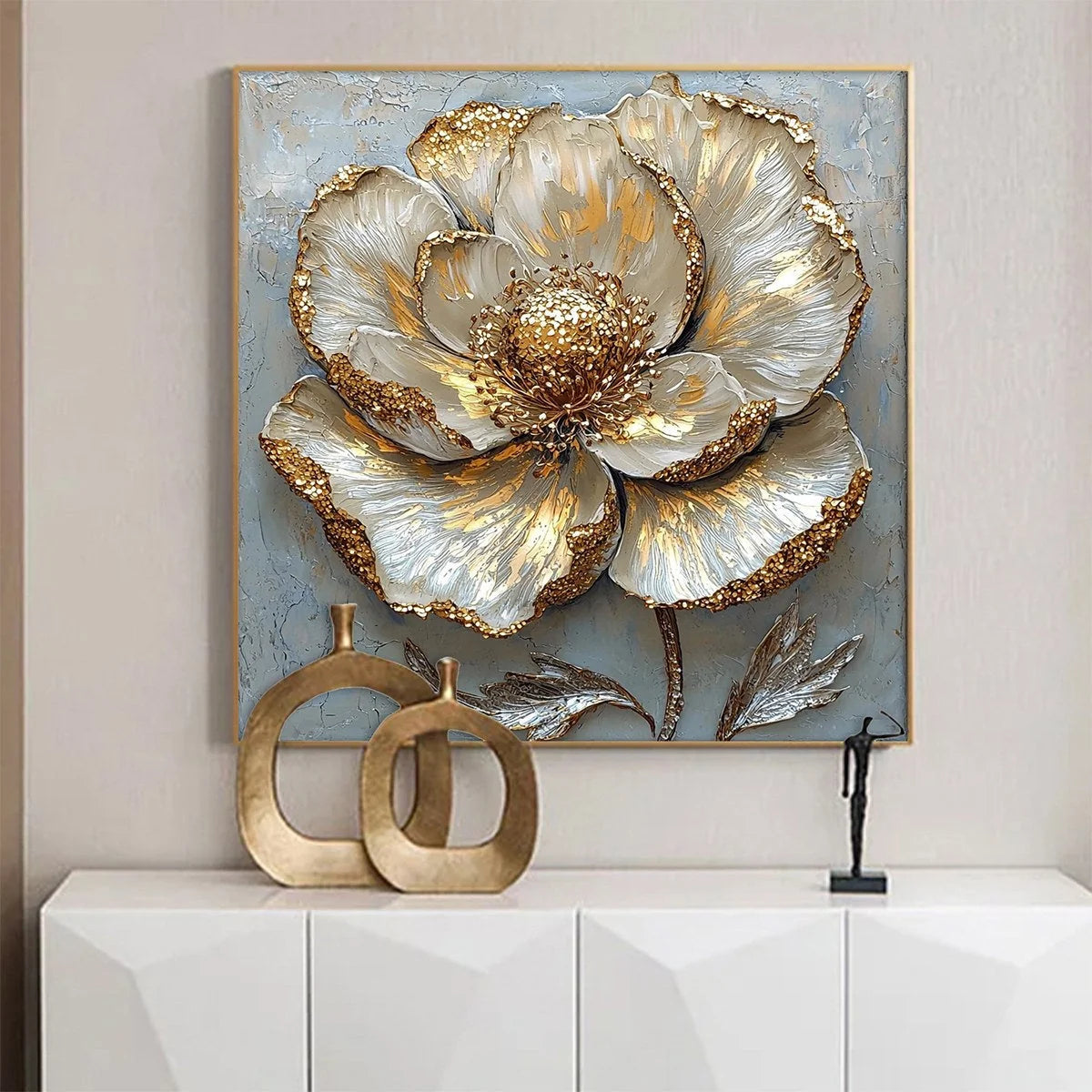 GOLDEN BLOOM: Textured Impasto Floral Oil Painting with Gold Accents | rolled canvas, ready for custom framing