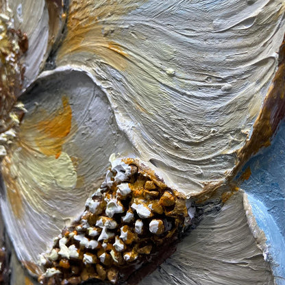 GOLDEN BLOOM: Textured Impasto Floral Oil Painting with Gold Accents | black frame version on white wall