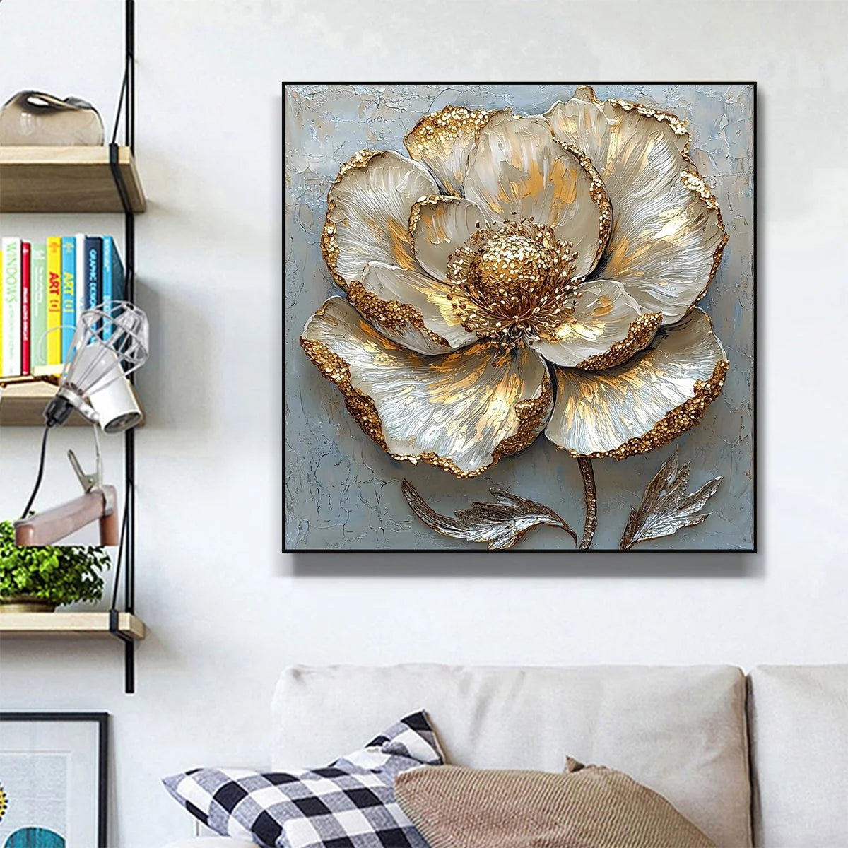 GOLDEN BLOOM: Textured Impasto Floral Oil Painting with Gold Accents | Abstract mood, soft natural light studio shot