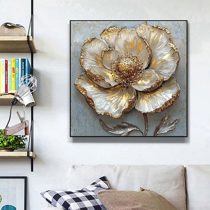GOLDEN BLOOM: Textured Impasto Floral Oil Painting with Gold Accents | Abstract mood, soft natural light studio shot