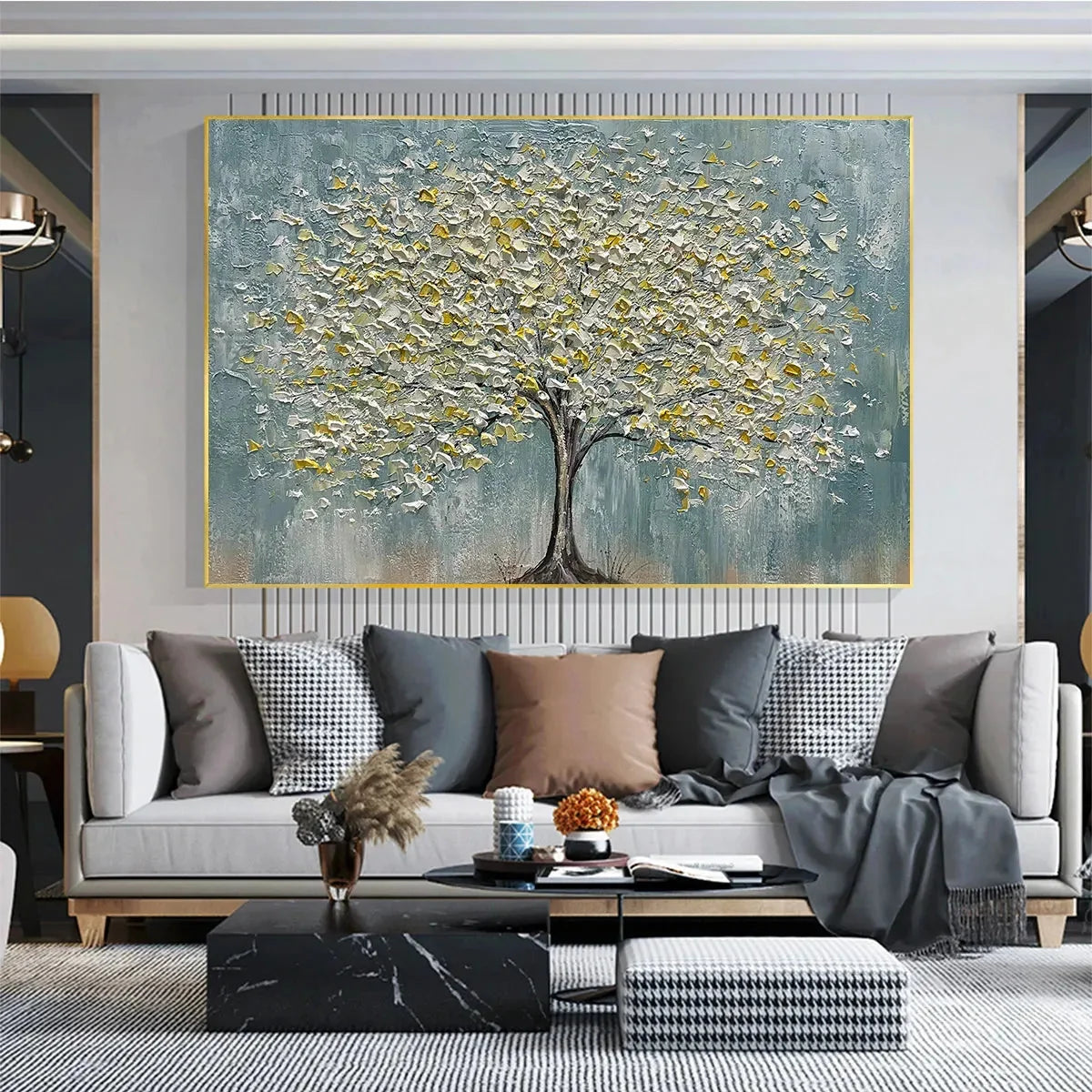 GOLDEN BLOOM: Textured Impasto Tree Painting in White and Gold | Figurative closeup, raised brushwork detail